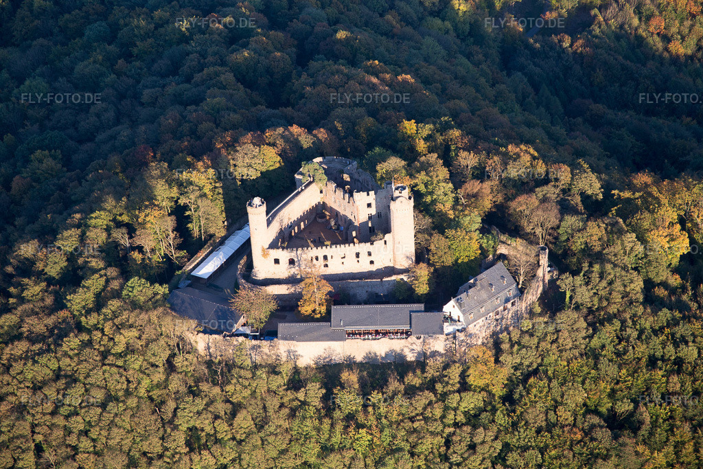 Luftbild: Ruine und Mauerreste der ehemaligen Burganlage und Feste Schloß Auerbach der Schloss Auerbach GmbH im Ortsteil Alsbach in Alsbach-Hähnlein im Ortsteil Auerbach in Bensheim im Bundesland Hessen in Deutschland. Foto: IMG_075038.jpg vom 18.10.2014 durch Werner Riehm/FLY-FOTO.de