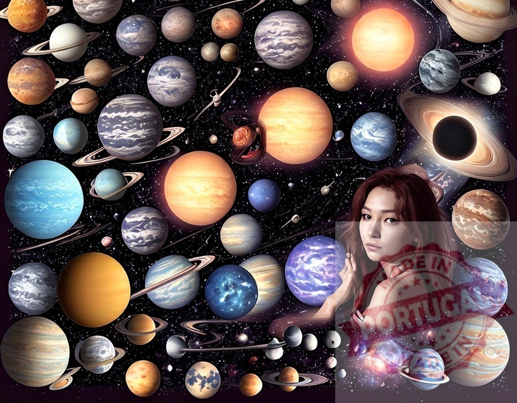 Woman surrounded by planets in outer space universe | Woman's portrait merging with a background of planets, stars, and galaxies - Realisiert mit Pictrs.com