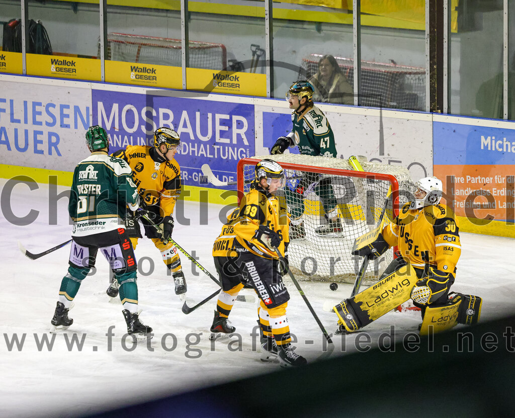 2026-02-27_066_TSV_Erding_gegen_EV_Fuessen | Erding, Deutschland, 27.02.2026:Eishockey, Oberliga Süd 2025 / 2026, 51. Spieltag, TSV Erding gegen EV Füssen, Endergebnis: 2:4Maximilian Forster (Erding Gladiators, #81), Martin Kaaz (EV Füssen, #89), Jakob Peukert (EV Füssen, #27), Torwart Timotej Pancur (EV Füssen, #30), Marco Pfleger (Erding Gladiators, #47)Foto: Christian Riedel / fotografie-riedel.net