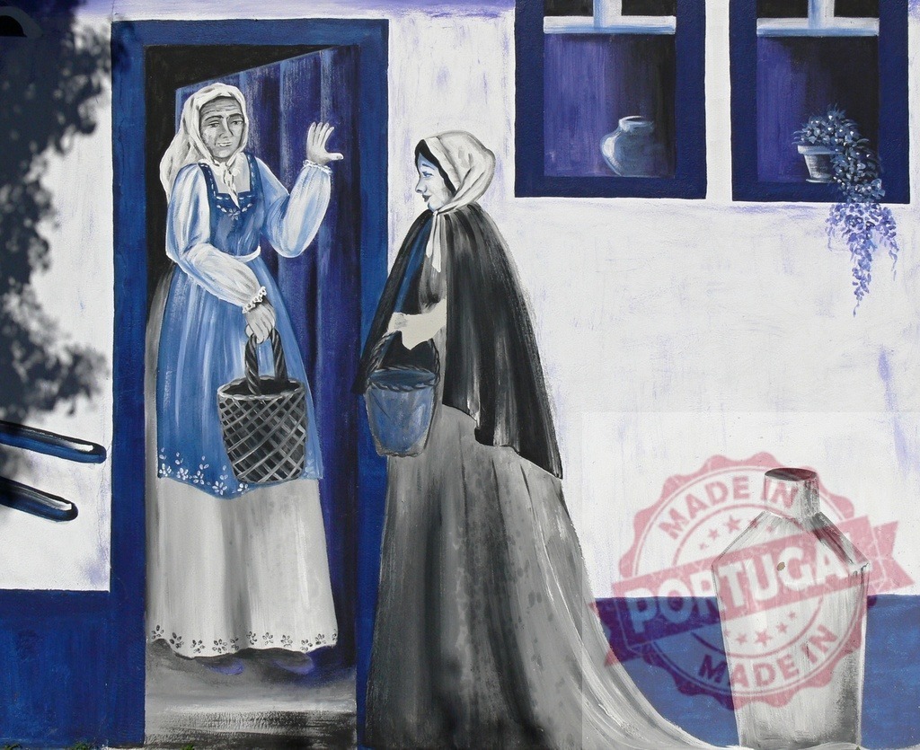 Women talking at door in village life mural | Women in traditional clothing greeting each other, depicting folk art and daily village life - Realized with Pictrs.com