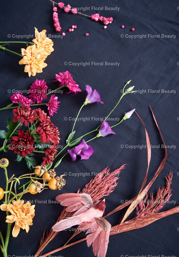 Bunte Blüten auf schwarzem Stoff gelegt | Chrysanthemen, Lisianthus und Pampasgras auf dunklem Stoff gelegt - Realized with Pictrs.com