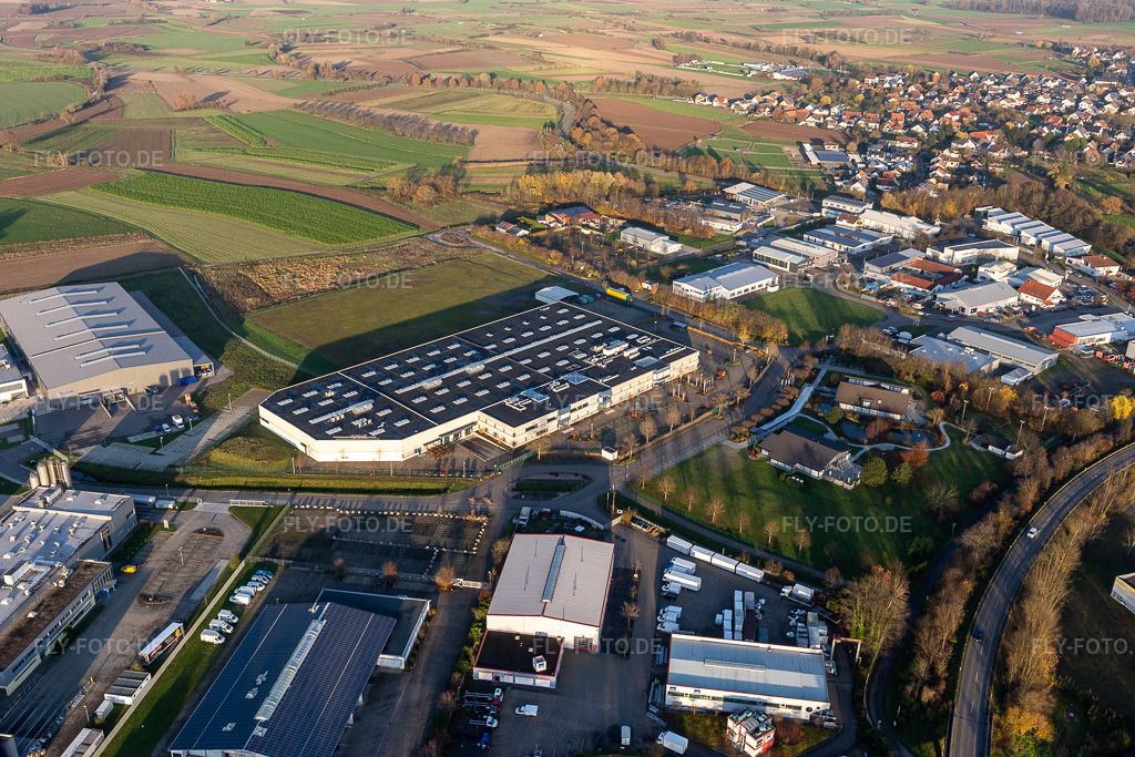 Luftbild: Gewerbegebiet und Firmenansiedlung mit Halle der TBV Kühlfahrzeuge GmbH und ORSAY GmbH im Ortsteil Sand in Willstätt im Bundesland Baden-Württemberg in Deutschland. Foto: IMG_119991.jpg vom 30.11.2019 durch Werner Riehm/FLY-FOTO.de