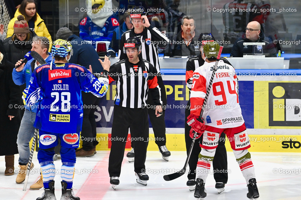 EC IDM Wärmepumpen VSV vs. HC Bozen 30.12 2022 | RIECKEN SIMON, STERNAT CHRISTOPH, SMETANA LADISLAV,  Referees, #28 Joslin Derek, #94 Frank Daniel, EC VSV Hallensprecher Gerhard Oberrauner