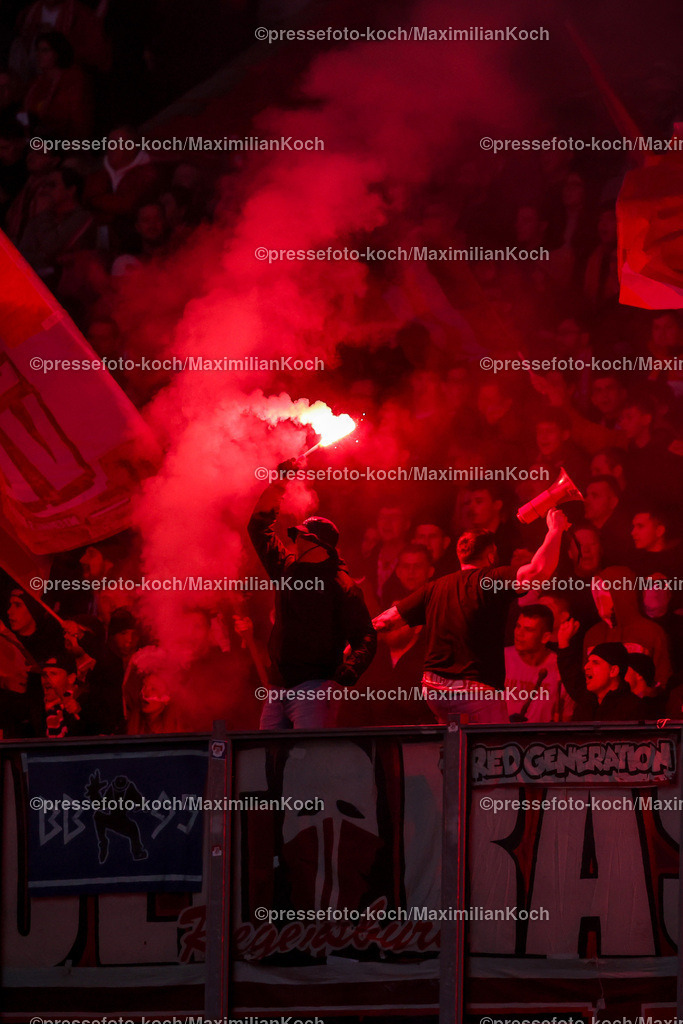 Schalke10112402127 | 10.11.2024, Fußball, FC Schalke 04 - SSV Jahn Regensburg, 2. Fußball Bundesliga, Veltins-Arena Gelsenkirchen, Saison 2024 2025: Ultras zünden im Gästeblock Pyrotechnik bengalos bengalisches Feuer Choreo Choreografie Feuerwerkskörper DFB regulations prohibit any use of photographs as image sequences and or quasi-video.