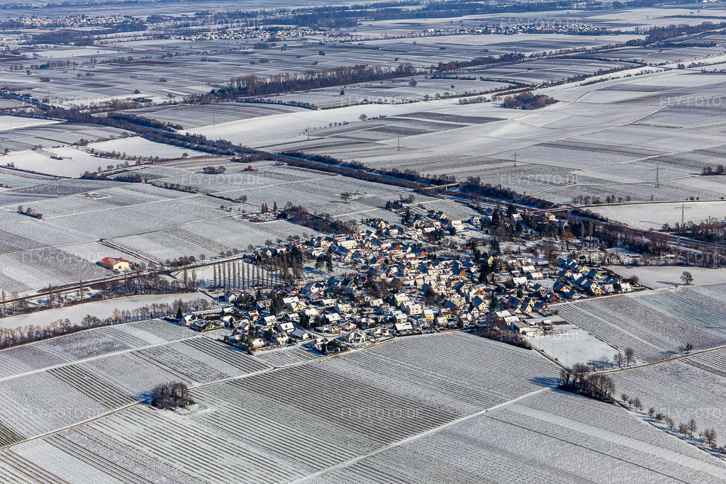 Luftbild: Winterlich schneebedeckte landwirtschaftlichen Feldern und Nutzflächen in Knöringen im Bundesland Rheinland-Pfalz in Deutschland. Foto: IMG_124693.jpg vom 11.02.2021 durch Werner Riehm/FLY-FOTO.de