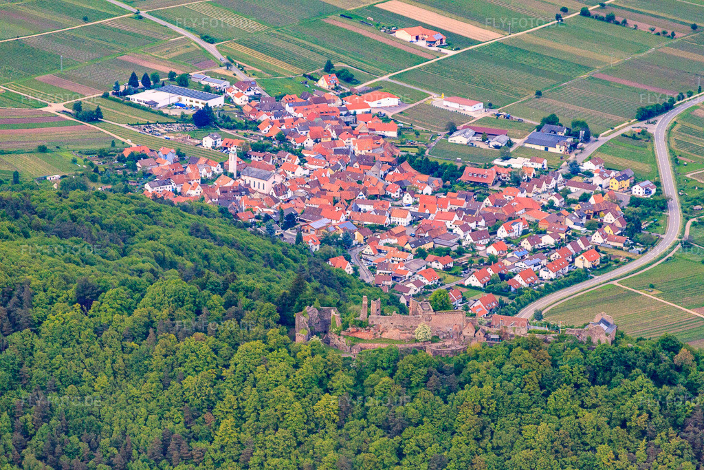 Luftbild: Winzerdorf am Haardtrand unter der Madenburg aus Südwesten in Eschbach im Bundesland Rheinland-Pfalz in Deutschland. Foto: IMG_57281.jpg vom 30.05.2013 durch Werner Riehm/FLY-FOTO.de