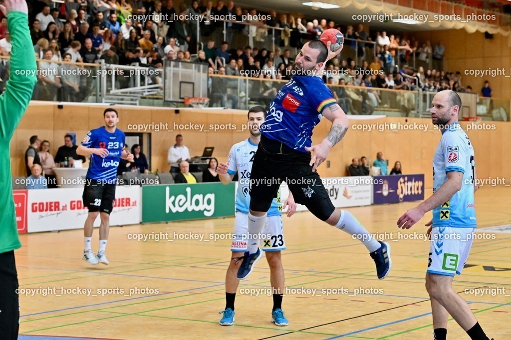 SC Ferlach vs. HSG Bärnbach/Köflach 30.3.2024 | #23 Grbavac Josip HSG Bärnbach, #81 MILICEVIC Adrian SC Ferlach, #15 Knez Domen HSG Bärnbach, SC Ferlach vs. HSG Bärnbach/Köflach 30.3.2024, SC Ferlach vs. HSG Bärnbach/Köflach am 30.03.2024 in Ferlach (Ballspielhalle Ferlach), Austria, (Photo by Bernd Stefan)