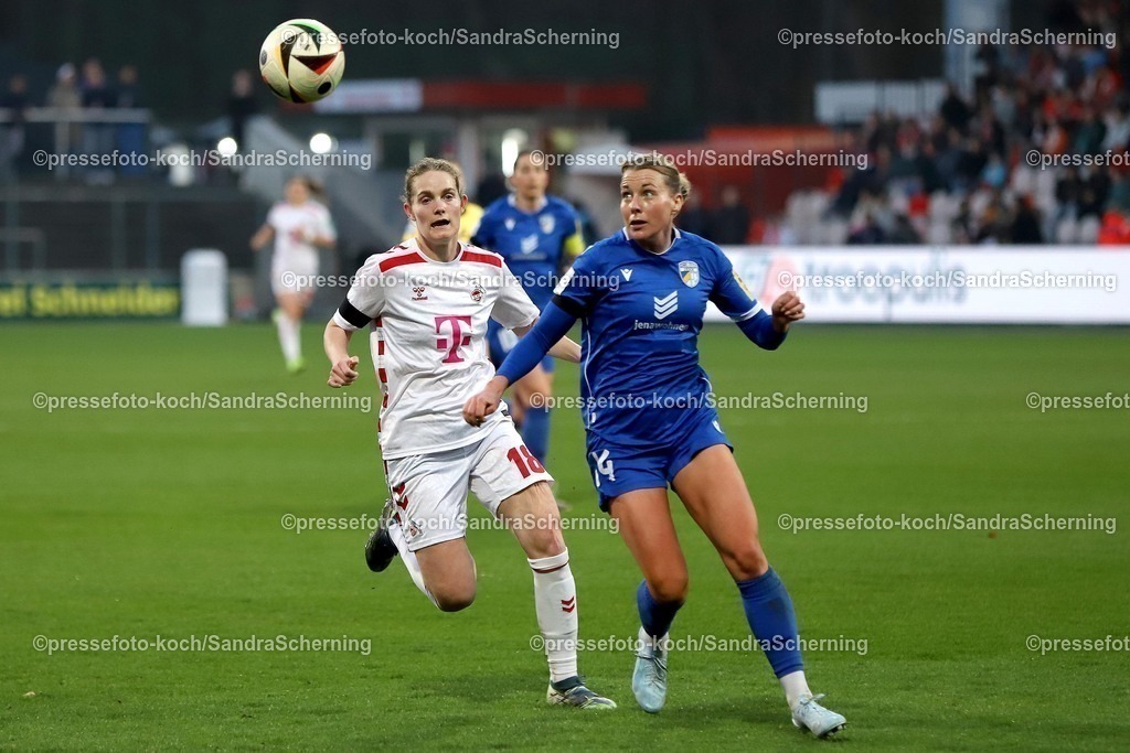 xSSC28032501007 | 28.03.2025, xsscx, Frauen Fußball, 1. FC Köln - FC Carl Zeiss Jena, 1. Fußball Bundesliga, Franz-Kremer-Stadion, Saison 2024 2025: Carlotta Imping (1. FC Köln 14) im Zweikampf gegen Anna Margraf (FC Carl Zeiss Jena 18) DFB regulations prohibit any use of photographs as image sequences and or quasi-video.