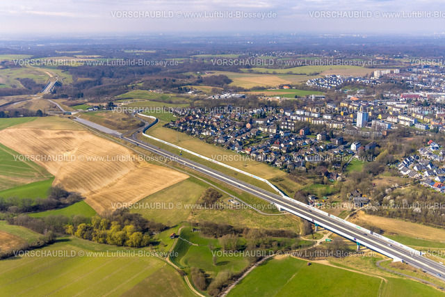 Heiligenhaus240301942 | Luftbild, Baustelle an der Ratinger Straße, Anschluss Autobahn A44 mit Schallschutzwand, Wohngebiet mit Hochhaus, Heiligenhaus, Ruhrgebiet, Nordrhein-Westfalen, Deutschland