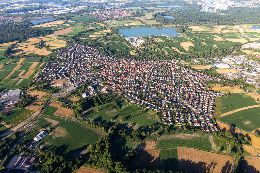 Luftbild: Ortsansicht von Südwesten in Hagenbach im Bundesland Rheinland-Pfalz in Deutschland. Foto: IMG_141876.jpg vom 28.06.2024 durch Werner Riehm/FLY-FOTO.de
