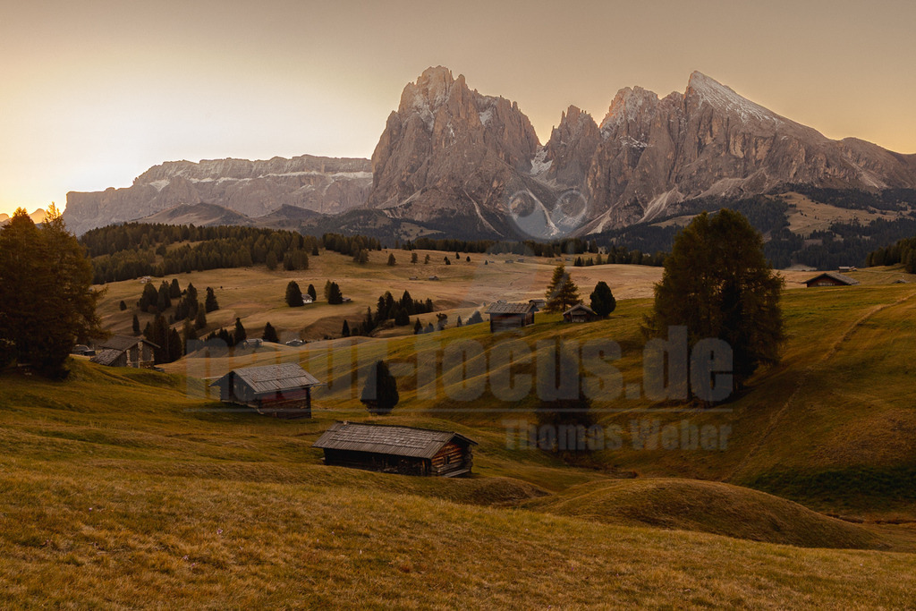 R6NF6754_20251002 | Dieses beeindruckende Querformat zeigt die malerische Seiser Alm in Südtirol während eines goldenen Herbstabends. Sanfte, von goldenem Gras bedeckte Hügel erstrecken sich im Vordergrund, gesprenkelt mit traditionellen, dunklen Almhütten und vereinzelten Nadelbäumen. Im Hintergrund erhebt sich majestätisch die imposante Langkofelgruppe der Dolomiten, deren zerklüftete Gipfel im warmen Licht des Sonnenuntergangs leuchten. Der Himmel zeigt einen sanften Übergang von hellem Orange zu einem blassen Gelb, was der gesamten Szene eine friedliche und idyllische Atmosphäre verleiht. Die ersten Schneeflecken sind an den höheren Bergflanken erkennbar, was den Übergang zum Winter andeutet. - Realisiert mit Pictrs.com