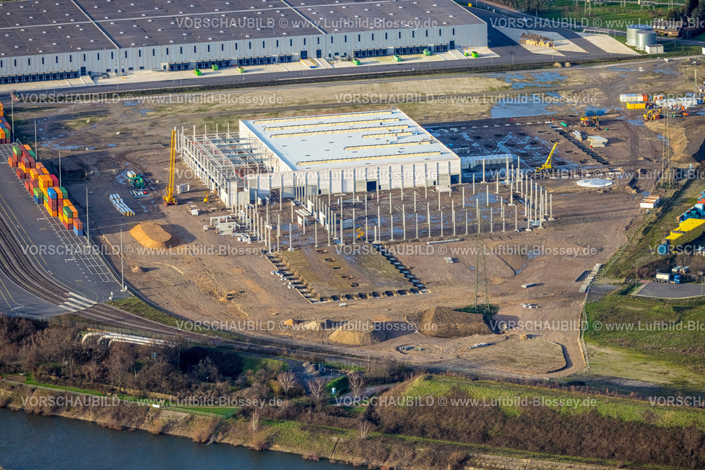 Duisburg230101120 | Luftbild, logport VI, Baustelle mit Neubau am STEAG Kraftwerk Walsum am Fluss Rhein, Alt-Walsum, Duisburg, Ruhrgebiet, Nordrhein-Westfalen, Deutschland
