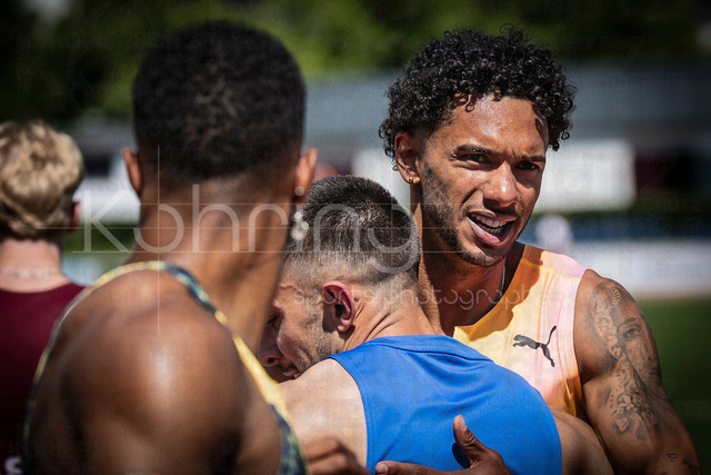 B&amp;S Kurpfalz Gala; Weinheim, 23.05.2026 | WEINHEIM, GERMANY - MAY 24:  Joshua Hartmann (GER/ASV Köln e. V.) is happy about his 100m victory (10,20s) during the B&amp;S Kurpfalz Gala am 23.05.2026 at the  Sepp-Herberger-Stadium in Weinheim (Baden-Wuerttemberg / Germany).