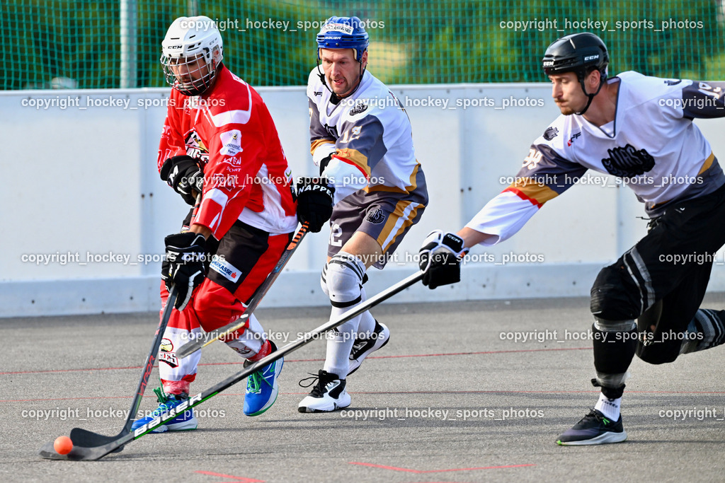 VAS Ballhockey vs. HSC Eagles Poggersdorf | #74 Topelzer Daniel, #12 Duricky Jan, #99 Alagic Adis, VAS Ballhockey vs. HSC Eagles Poggersdorf, VAS Ballhockey vs. HSC Eagles Poggersdorf am 14.07.2024 in Villach (Alpen Arena ), Austria, (Photo by Bernd Stefan)
