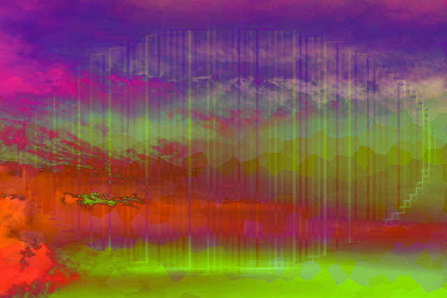Astral Voyage (Liminal Space Series) - 3D Effects | In the Liminal Space series, the concept of a traditional landscape is dismantled and rebuilt into an imagined alien topography. The vivid colors drawn into abstraction create a mysterious mood that hovers on the edge of recognition. Organic shapes resembling the sun, trees and clouds, or fields and waters seen from above bleed into triangles, oval shapes, cubes and fractured rays of light. The viewer witnesses a beautiful fantasy world detached from, but possibly parallel to our own. This is a preview image. The original has a resolution of 10630 x 7087 px. - Realisiert mit Pictrs.com