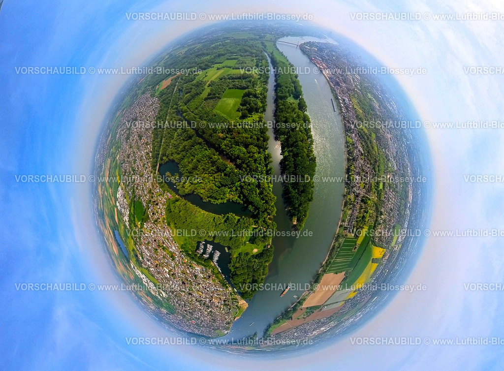 Bonn240590111Rhein_Siegmuendung | Luftbild, Fluss Sieg und Siegmündung, Fluss Rhein und Binnenschifffahrt mit 
Containerschiff, Diescholl Altarm der Sieg und Waldgebiet Siegaue, Ortsansicht Mondorf und Bergheim, Mondofer Hafen und Rhein-Yacht-Club Niederkassel-Mondorf e.V., Erdkugel, Fisheye Aufnahme, Fischaugen Aufnahme, 360 Grad Aufnahme, tiny world, little planet, fisheye Bild, Bergheim, Troisdorf, Nordrhein-Westfalen, Deutschland