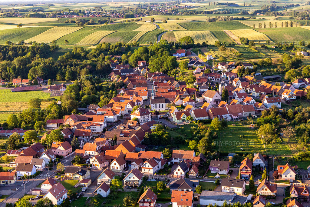 Aerial view: Agricultural land and field boundaries surround the village's settlement area. in Buhl in the state Bas-Rhin, France. – Photo: IMG_115522.jpg taken on 06/16/2019 by Werner Riehm/FLY-FOTO.com – Resolution of the original: 5472 x 3648 px