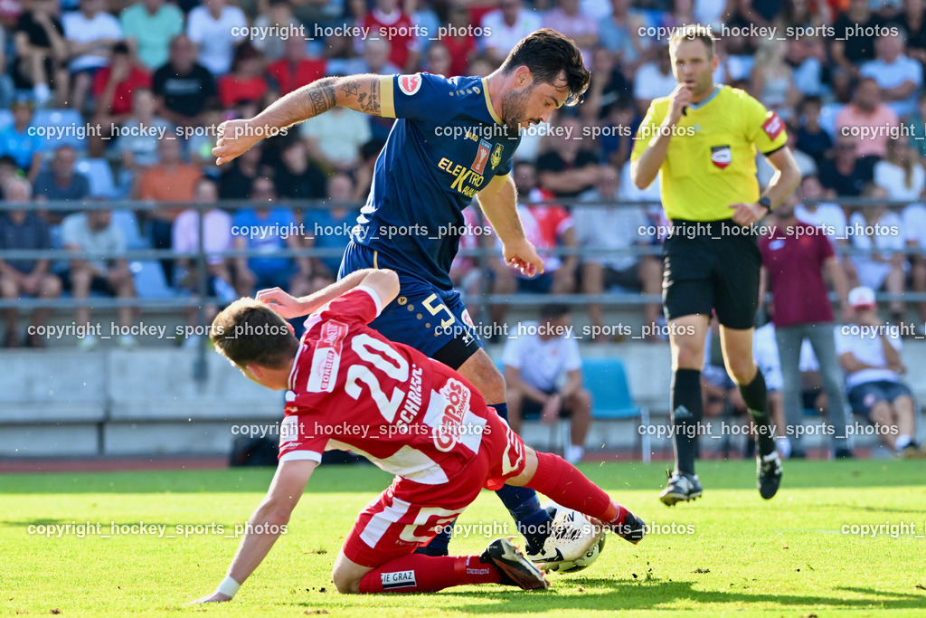 ATUS Velden vs. GAK | #20 Thorsten Schriebl GAK, #5 Roland Putsche ATUS Velden, ATUS Velden vs. GAK, ATUS Velden vs. GAK am 26.07.2024 in Villach (Stadion Lind), Austria, (Photo by Bernd Stefan)