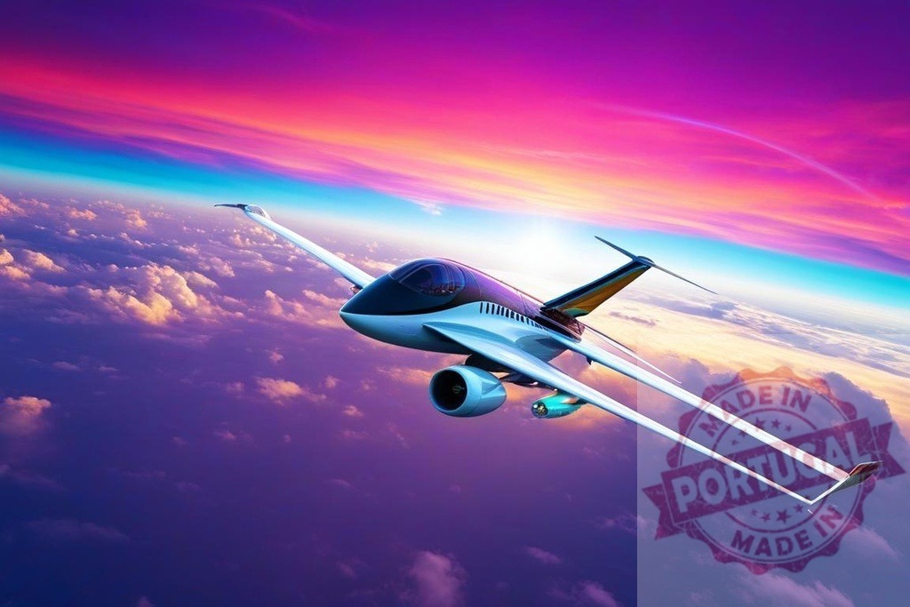 Futuristic jet flying high above vibrant clouds | Futuristic private jet aircraft flying over colorful clouds during sunset or sunrise - Realisiert mit Pictrs.com