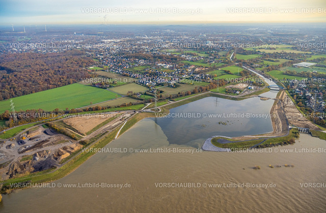 Dinslaken231107435Emschemuendung | Luftbild der Hochwassersituation an der neuen Emschermündung in den Rhein.Die Hochwassermarke 23.11.  liegt gegenüber Dienstag  etwa 30cm niedriger. Eppinghoven, Dinslaken, Ruhrgebiet, Nordrhein-Westfalen, Deutschland