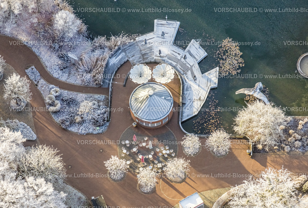Hamm221202638 | Luftbild, Winterlicher Maximilianpark Freizeitpark, SeeKiosk, verschneite Bäume, Uentrop, Hamm, Ruhrgebiet, Nordrhein-Westfalen, Deutschland
