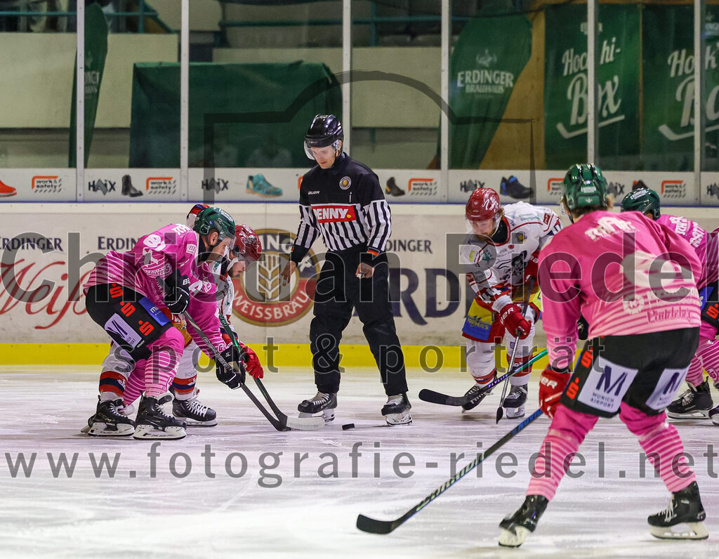 2025-10-24_034_TSV_Erding_gegen_Deggendorfer_SC | Erding, Deutschland, 24.10.2025:Eishockey, Oberliga Süd 2025 / 2026, 11. Spieltag, TSV Erding gegen Deggendorfer SC, Endergebnis: 2:4Maximilian Forster (Erding Gladiators, #81), Marco Baßler (Deggendorfer SC, #44)Foto: Christian Riedel / fotografie-riedel.net