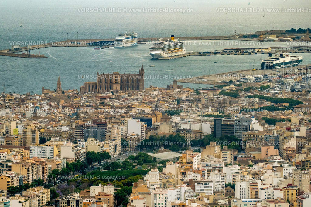 Mallorca230600005N | Luftbild, Palma mit Kathedrale von Palma, Kreuzfahrtschiffe im Hafen Porto Pi, Parc de ses Estacions, Palma, Balearen, Mallorca, Balearische Inseln, Spanien