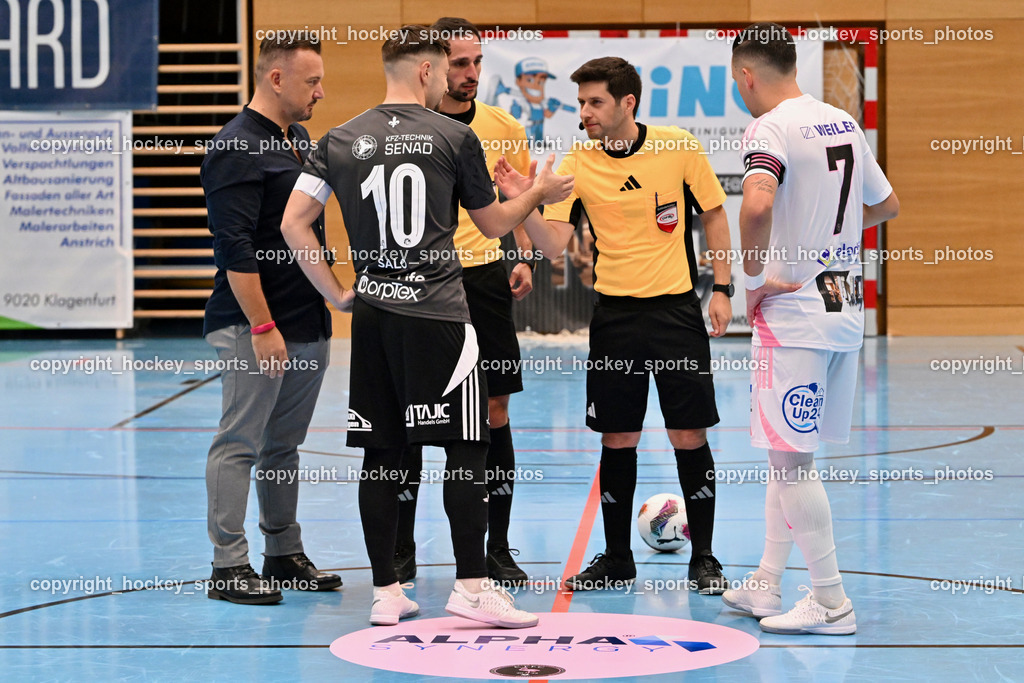 Carinthia Flamengo Futsal Club vs. FC Ljuti Krajisnici | Alpha Synergy, Ballspende, #10 Kenan Salo FC Ljuti Krajisnici, Bünyamin Kilicdagi Referee, #7 Enes Brdjanovic Carinthia Flamengo, Carinthia Flamengo Futsal Club vs. FC Ljuti Krajisnici, Carinthia Flamengo Fusal Club vs. FC Ljuti Krajisnici am 12.10.2025 in Klagenfurt (Ballspielhalle Viktring), Austria, (Photo by Bernd Stefan)