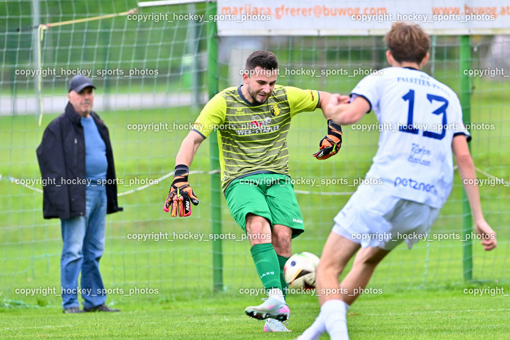 SV Arnoldstein vs. ATUS Velden | #1 Moritz Zimmermann SV Arnoldstein, #13 Jonas Jochum ATUS Velden, SV Arnoldstein vs. ATUS Velden, SV Arnoldstein vs. ATUS Velden am 16.09.2025 in Arnoldstein (Waldparkstadion Arnoldstein), Austria, (Photo by Bernd Stefan)