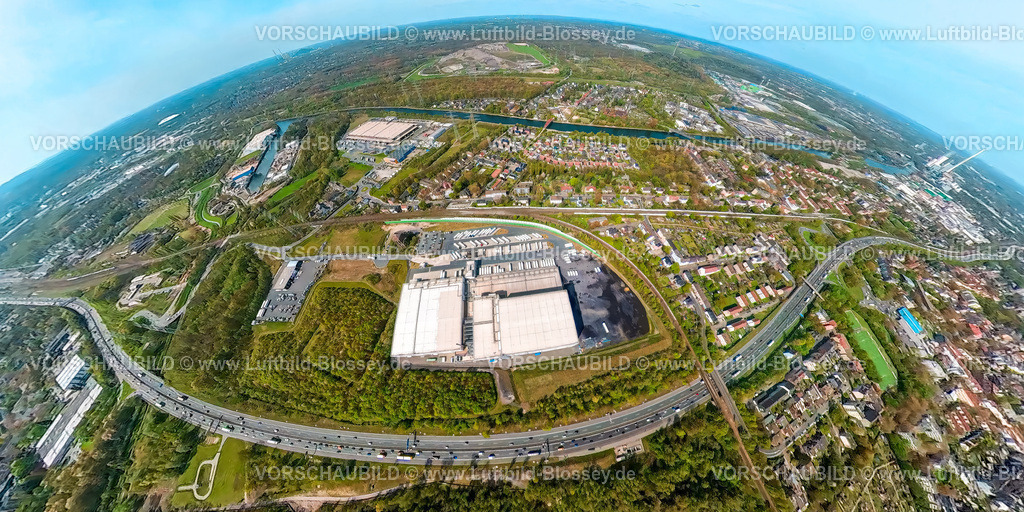 Herne230490073WanneNordFrost-topaz | Luftbild, Nordfrost GmbH, an der Autobahn A42, Erdkugel, Fisheye Aufnahme, Fischaugen Aufnahme, 360 Grad Aufnahme, Unser Fritz, Herne, Ruhrgebiet, Nordrhein-Westfalen, Deutschland
