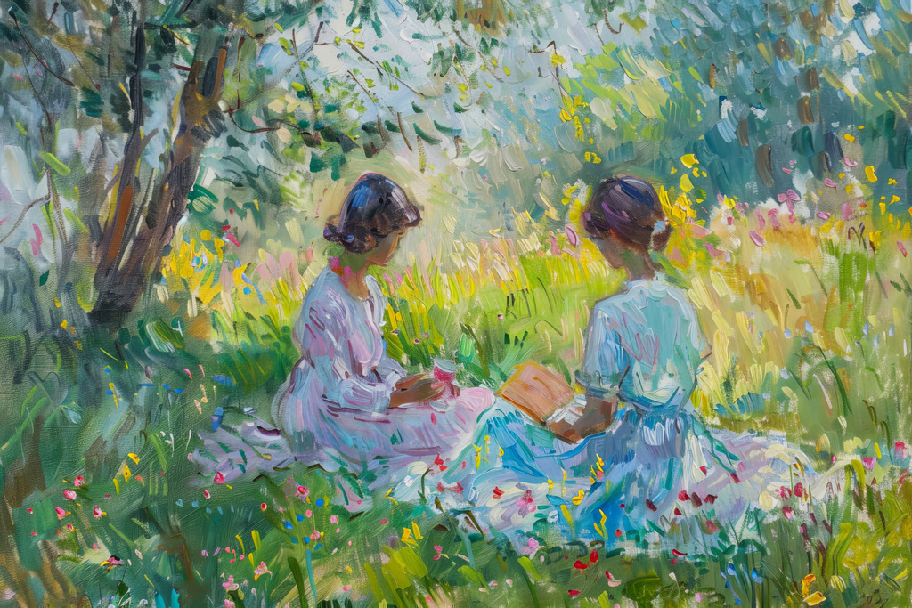 2404001 - Frühlingsimpression | Zwei junge Frauen auf einer Frühlingswiese im Stil eines klassischen impressionistischen Gemäldes.