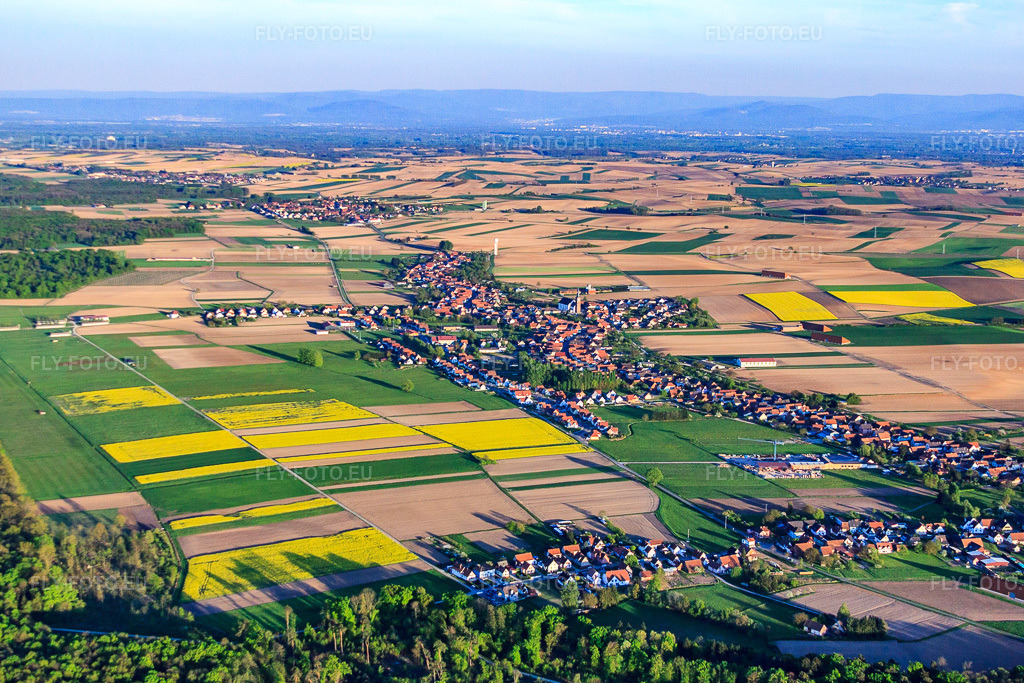 Vue aérienne: Vue d'ensemble du village depuis le nord-ouest à Schleithal dans le département Bas Rhin, France – .Photo: IMG_64404.jpg prise le 17/04/2014 par Werner Riehm/FLY-FOTO.eu – Résolution de l'original: 4548 x 3032 px