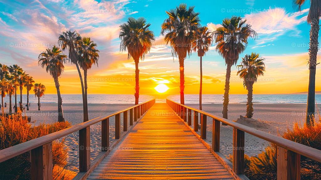 Boardwalk Leading To The Beach With Palm Trees At Sunset | This tropical boardwalk framed by palm trees and a glowing sunset brings the warmth and beauty of a beach paradise to any room. Ideal for enhancing a beachy vibe. - Realisiert mit Pictrs.com