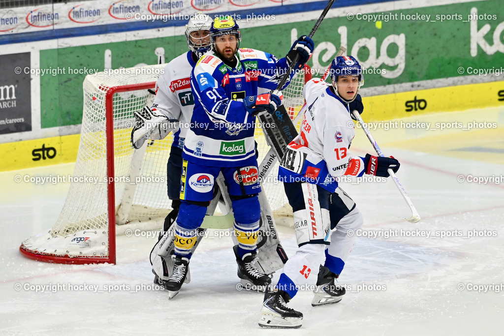 EC IDM Wärmepumpen VSV vs. HC TIWAG Innsbruck - Die Haie | #91 Nick Hutchison EC VSV, #13 Devin Steffler HC Innsbruck, #81 Jakob Brandner HC Innsbruck, EC IDM Wärmepumpen VSV vs. HC TIWAG Innsbruck - Die Haie, EC IDM Wärmepumpen VSV vs. HC TIWAG Innsbruck - Die Haie am 01.01.2026 in Villach (Stadthalle Villach), Austria, (Photo by Bernd Stefan)