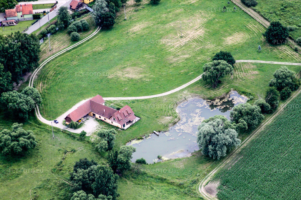 Vue aérienne: Ferme avec étang à Leutenheim dans le département Bas Rhin, France – .Photo: IMG_19087.jpg prise le 20/06/2009 par Werner Riehm/FLY-FOTO.eu – Résolution de l'original: 4752 x 3168 px