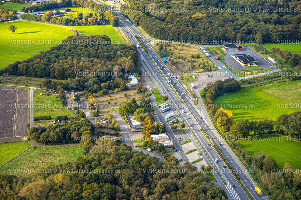 Emmerich241010721 | Luftbild, Straßenverkehr Autobahn A3 / A12, Raststätte Knauheide, Grenzübergang Elten Deutschland-Niederlande, Feldhuisen, Emmerich am Rhein, Niederrhein, Nordrhein-Westfalen, Deutschland
