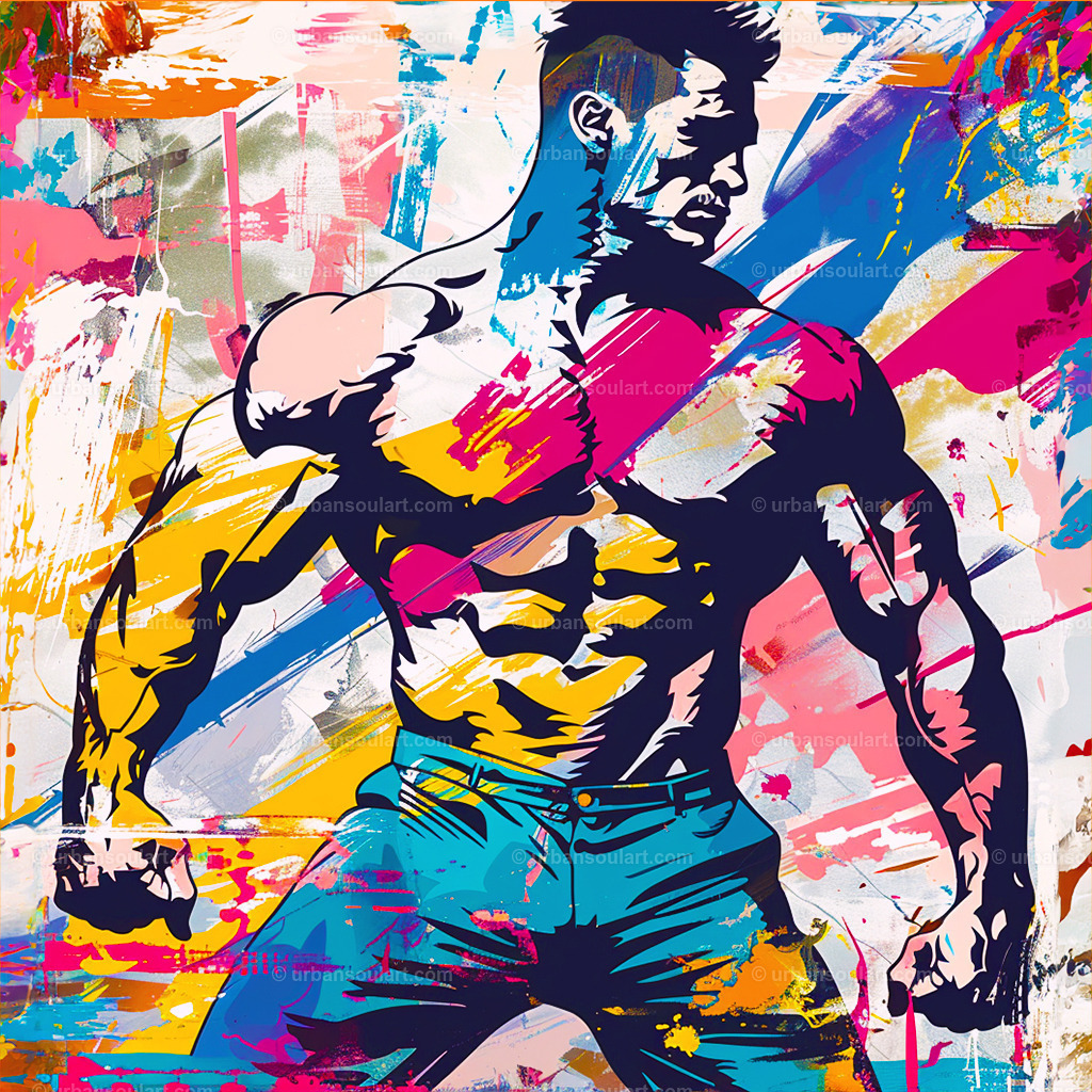 Muscle Man Without His Shirt | An expressive, action-packed image of a shirtless muscular man with vibrant splashes. Perfect for athletic-themed spaces or fans of strong, bold art. - Realisiert mit Pictrs.com