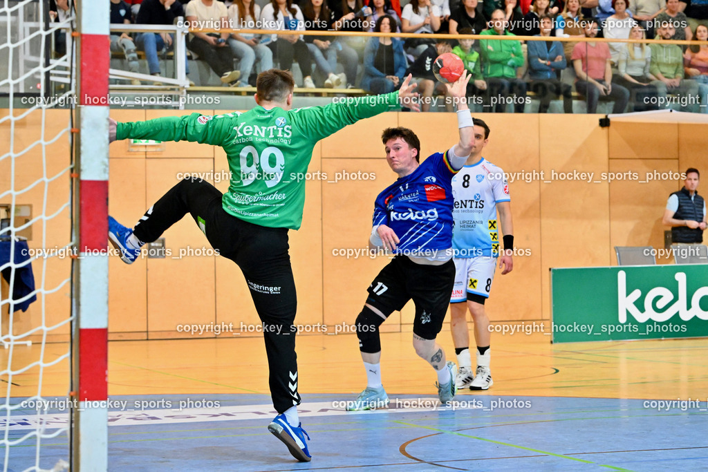 SC Ferlach vs. HSG Bärnbach/Köflach 30.3.2024 | #99 Strasek Denis HSG Bärnbach, #17 PAVLOV Hari SC Ferlach, SC Ferlach vs. HSG Bärnbach/Köflach 30.3.2024, SC Ferlach vs. HSG Bärnbach/Köflach am 30.03.2024 in Ferlach (Ballspielhalle Ferlach), Austria, (Photo by Bernd Stefan)