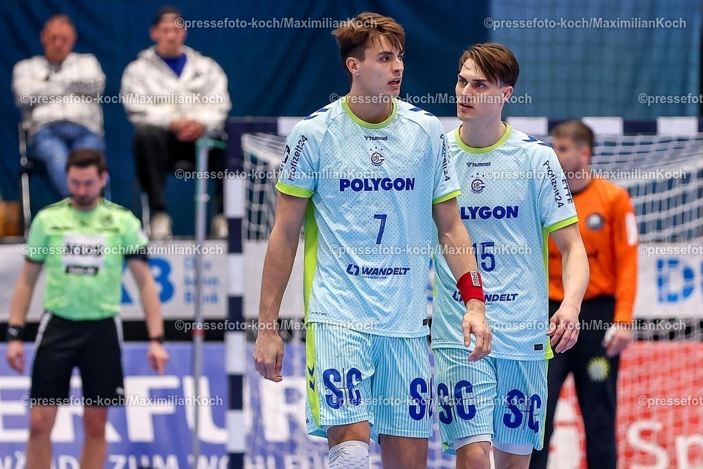 BHC02042601014 | 02.04.2026, Handball, HBL, Bergischer HC - VfL Gummersbach, Mitsubishi Electric HALLE Düsseldorf: Julian Köster (VfL Gummersbach #07) neben Tilen Kodrin (VfL Gummersbach #05) 