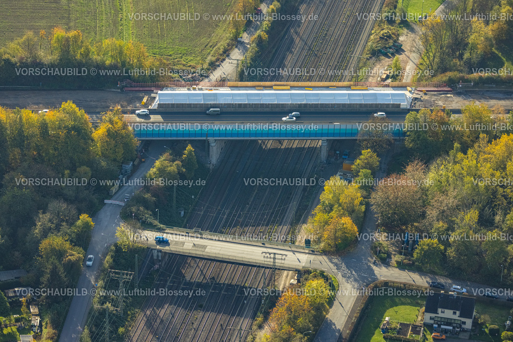 Hagen221015264 | Luftbild, Baustelle Autobahnbrücke der Autobahn A1, Brücke Seestraße über Bahnlinie, Boele, Hagen, Ruhrgebiet, Nordrhein-Westfalen, Deutschland