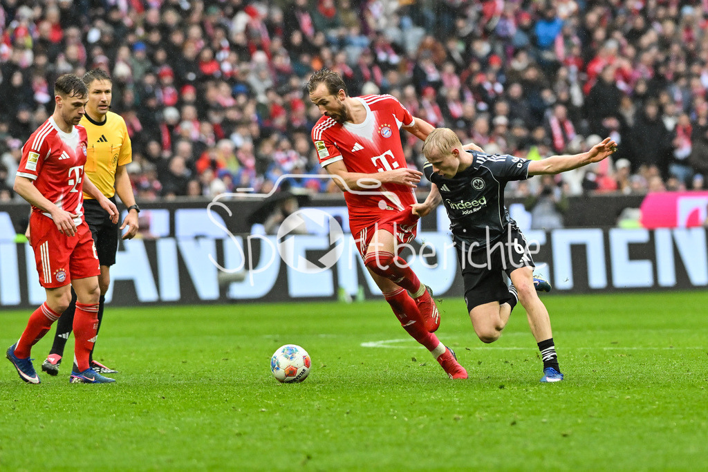 FC Bayern München - Eintracht Frankfurt | MUNICH, GERMANY - 21. FEBRUARY: im Duell Harry KANE (FC Bayern Munich 9) und Oscar HOJLUND (Eintracht Frankfurt 6) während dem Bundesligamatch zwischen dem FC Bayern München und der SG Eintracht Frankfurt am 23. Spieltag in der Allianz Arena / DFL REGULATIONS PROHIBIT ANY USE OF PHOTOGRAPHS AS IMAGE SEQUENCES AND/OR QUASI-VIDEO