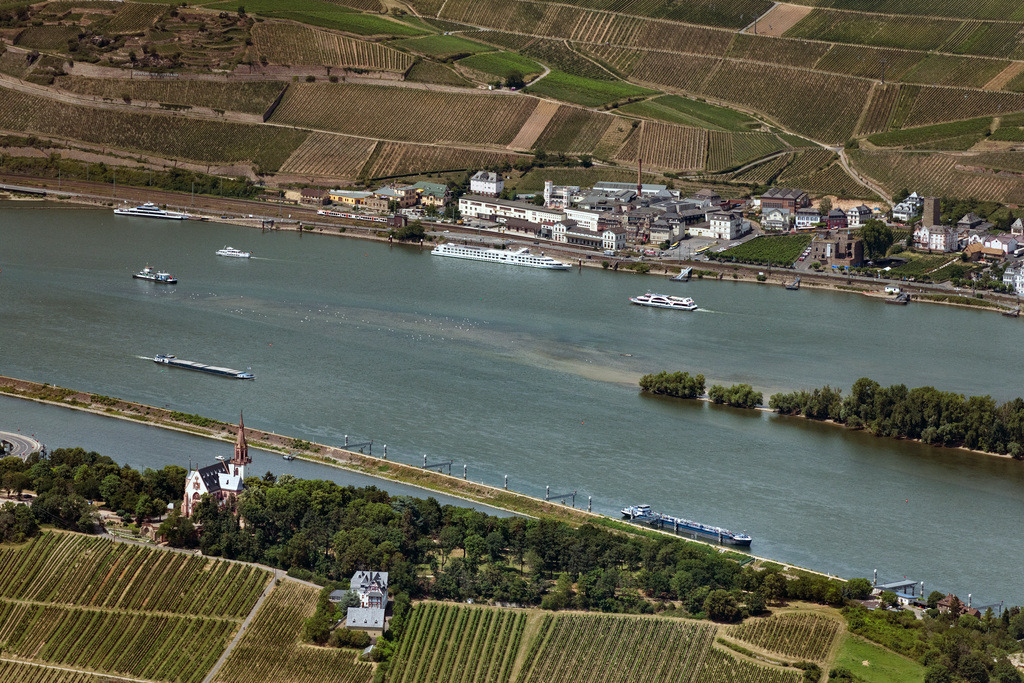 dr__0095720.jpg | RüDESHEIM AM RHEIN 06.07.2022 Kanalverlauf und Uferbereiche der Wasserstraße der Binnenschiffahrt auf dem Rhein an der Straße Kastanienallee in Rüdesheim am Rhein im Bundesland Hessen, Deutschland. Weiterführende Informationen bei: Wasser und Schifffahrtsverwaltung des Bundes (WSV). 