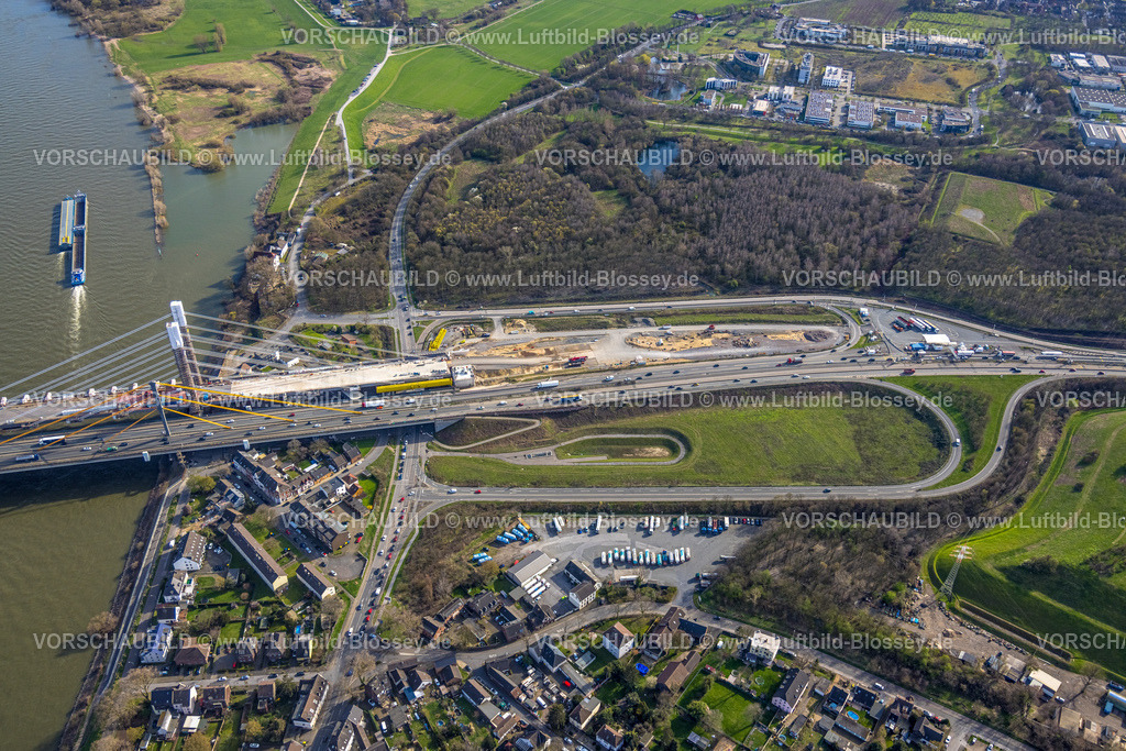 Duisburg230303036 | Luftbild, Baustelle mit Erweiterung der Autobahn A40 inklusive Ersatzneubau der Rheinbrücke Neuenkamp, Alt-Homberg, Duisburg, Ruhrgebiet, Nordrhein-Westfalen, Deutschland