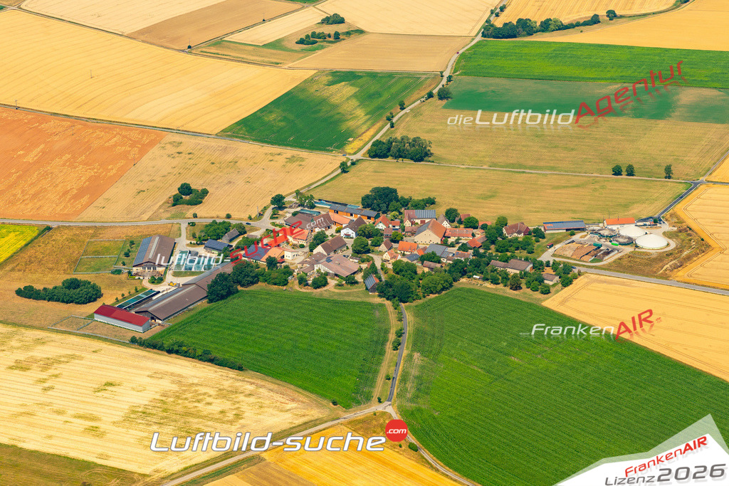 Aktuelles Luftbild von Bossendorf Schrozberg - Die Luftaufnahme wurde 2022 mittels UL-Flugzeug erstellt ( keine Drohne ) - hochauflösende Kamera-Systeme von  Canon -Beste Qualität - Für grossformatige Ausdrucke geeignet. Die Geschenkidee !