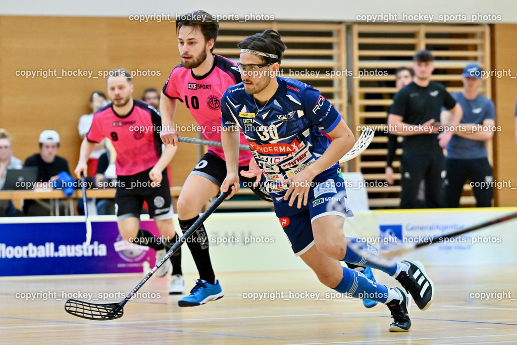 VSV Unihockey vs. Wiener Floorballferein 6.4.2024 | #10 Philipp Horn Wiener Floorballverein, #30 Christoph Steiner VSV Unihockey, VSV Unihockey vs. Wiener Floorballferein 6.4.2024, VSV Unihockey vs. Wiener Floorballferein  am 06.04.2024 in Villach (Ballspielhalle St. Martin), Austria, (Photo by Bernd Stefan)