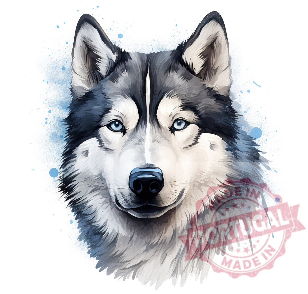 Siberian husky portrait with blue watercolor splash | Professional artful dog portraits Siberian husky dog head with striking blue eyes and a watercolor splash background - Realized with Pictrs.com