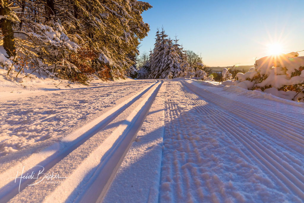 Skilanglaufloipe im Abendlicht | Skilanglaufloipe auf dem Hohen Knochen im Abendlicht - Realisiert mit Pictrs.com