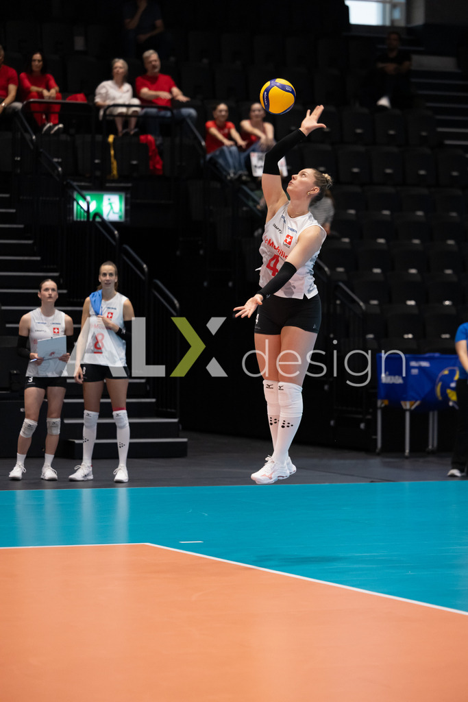 Georgia v Switzerland - CEV European League Women | KRIENS, SWITZERLAND - JUNE 12: LEANA ZUVIC of Switzerland serve during the CEV European League match between Georgia and Switzerland at Pilatus Arena on June 12, 2026 in Kriens, Switzerland. - Realisiert mit Pictrs.com
