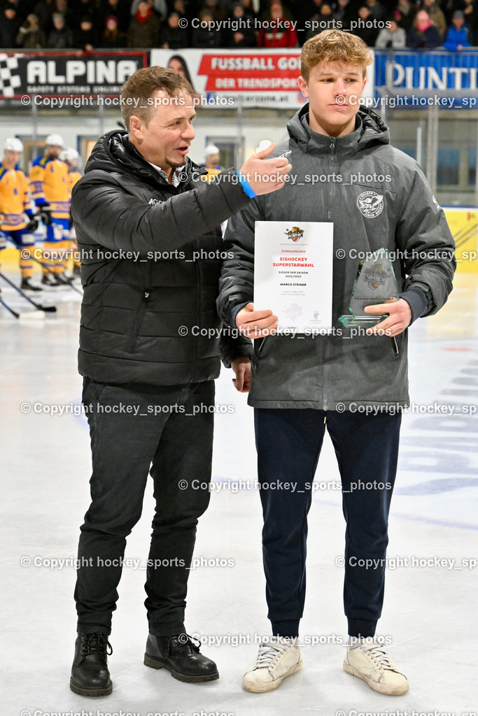  ESC Steindorf vs. EHC Althofen 2.3.2023 | Ehrung KEHV Superstar Wahl 2022/23, KEHV Präsident Michael Herzog Löschnig, Marco Steiner