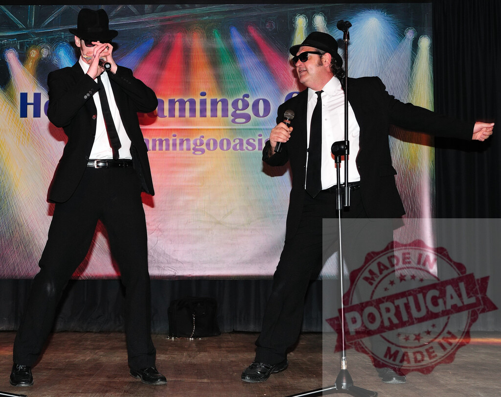 Blues Brothers tribute act performing on stage | Two Blues Brothers impersonators entertaining the audience with music and singing - Realized with Pictrs.com